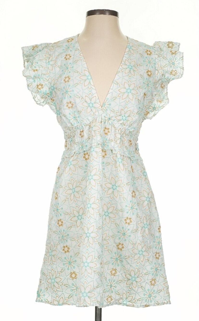 Sail To Sable STS Green Gold Floral V Neck Flutter Sleeve Mini Dress Sz S (A